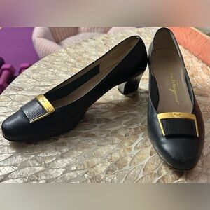 Vintage Salvatore Ferragamo Black Leather Block Heel Pump, Gold-Tone Buckle Sz 7